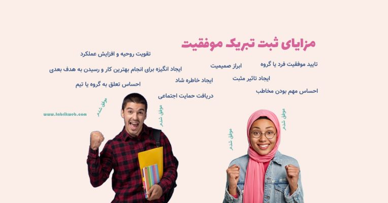 عکس مزایای تبریک موفقیت، دختر و پسر موفق و تایپوگرافی مزایای ثبت تبریک موفقیت